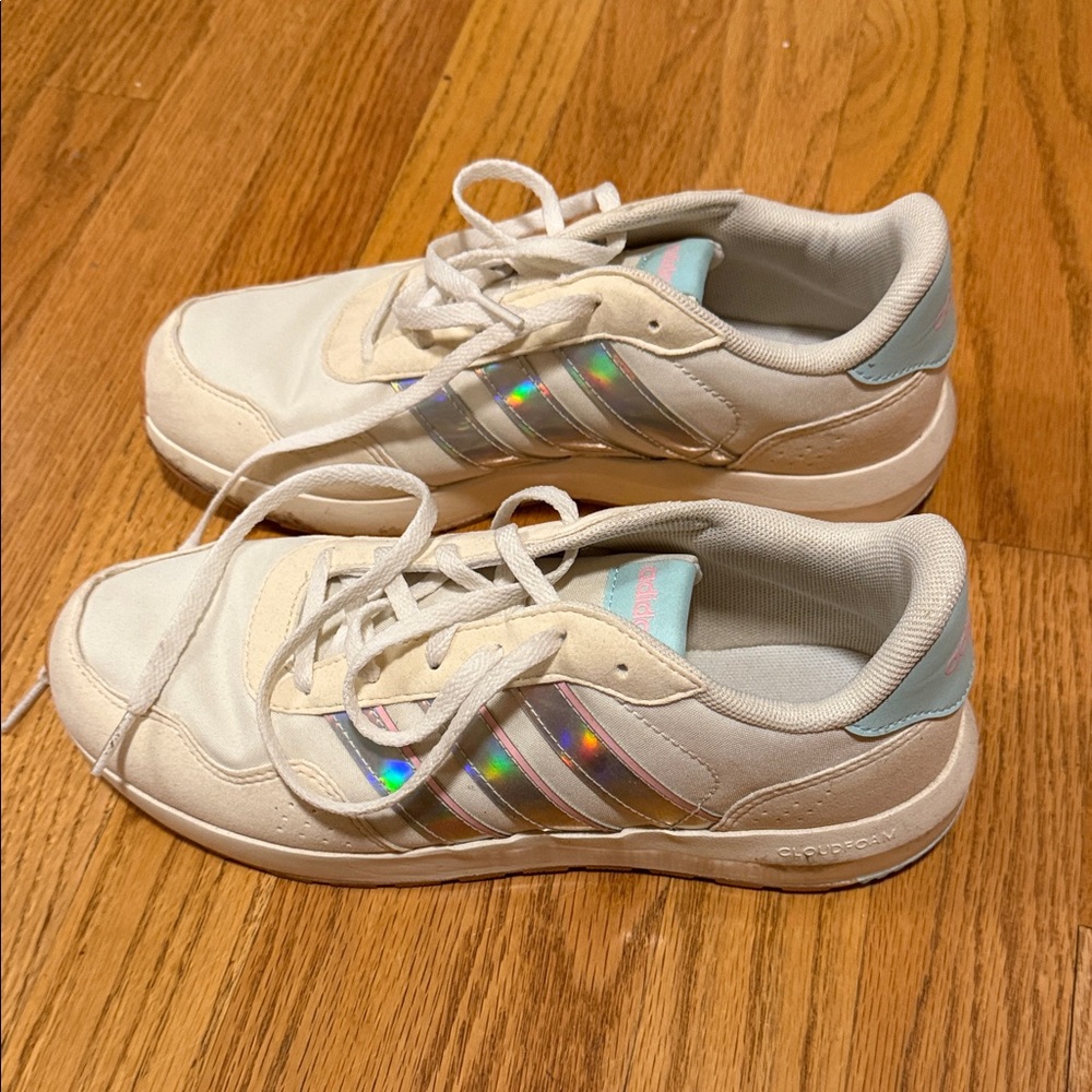 Adidas Kids White Sneakers with Silver and Blue Accents